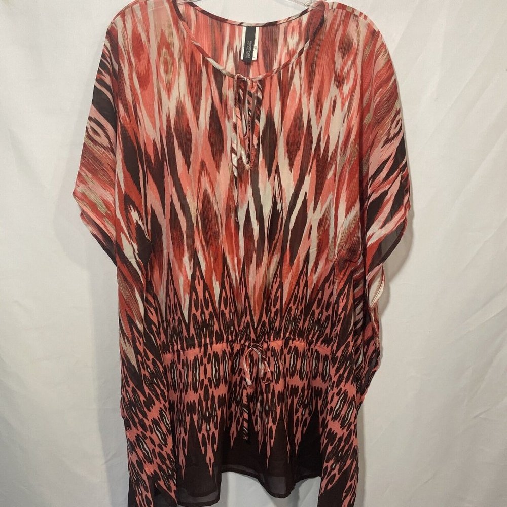Kenneth Cole Reaction Top Kimono Sleeves Drawstring Waist Pink Red Brown Sheer